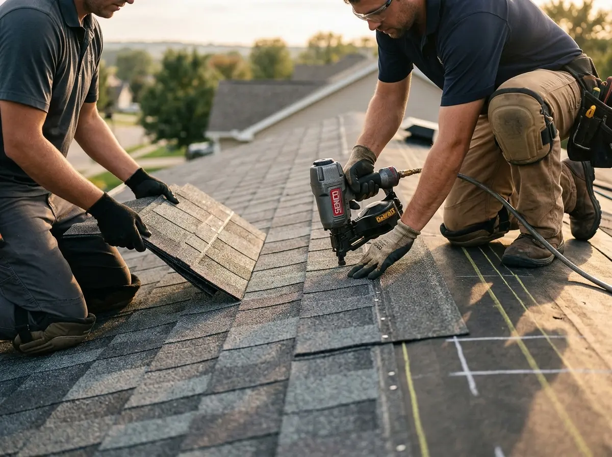 Professional roofer working on a residential roof in Overland